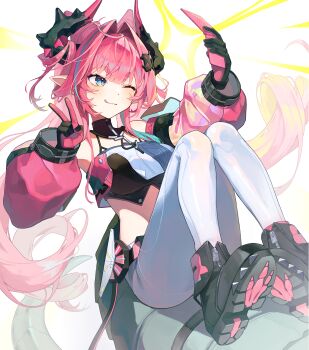 1girl :q ;q absurdres ankle_boots arknights arknights:_endfield black_boots black_gloves black_horns blue_eyes blue_hair boots cellphone closed_mouth commentary crop_top detached_sleeves dragon_girl dragon_horns dragon_tail flip_phone gloves green_tail hair_intakes highres holding holding_phone horns knees_up long_hair long_sleeves multicolored_hair one_eye_closed phone pink_gloves pink_hair pink_horns pink_sleeves selfie shoe_soles smile solo streaked_hair tail taking_picture tongue tongue_out ty_saurus v white_background white_boots yvonne_(arknights)