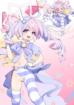 1girl absurdres bar_censor blue_archive censored clothing_aside drill_hair gloves hair_ornament halo highres holding holding_rocket_launcher holding_weapon magical_girl marshal_(artist) multicolored_hair navel official_alternate_costume official_alternate_hairstyle pantyhose pink_hair puffy_short_sleeves puffy_sleeves purple_eyes purple_hair pussy reisa_(blue_archive) reisa_(magical)_(blue_archive) rocket_launcher short_sleeves single_leg_pantyhose single_thighhigh star_(symbol) star_hair_ornament star_halo striped_clothes striped_pantyhose striped_thighhighs thighhighs twin_drills two-tone_hair weapon white_gloves wing_hair_ornament