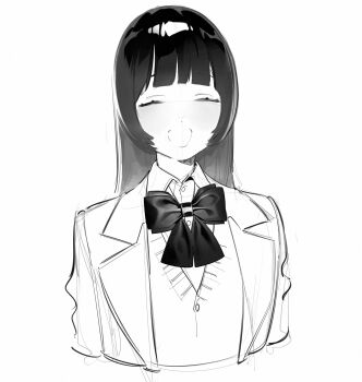1girl abbystea blunt_bangs blush bow bowtie closed_eyes closed_mouth collared_shirt greyscale highres long_hair mole mole_under_eye monochrome original shirt simple_background sketch smile solo striped_background upper_body white_background