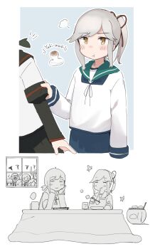 Rule 34 | 6+girls, absurdres, black sailor collar, black skirt, blue skirt, blush, camera, chopsticks, closed eyes, closed mouth, commentary request, cup, eating, flower symbol, food, fubuki (kancolle), green sailor collar, grey hair, hair ribbon, hatsuyuki (kancolle), highres, holding, holding chopsticks, isonami (kancolle), kantai collection, kotatsu, long sleeves, ma rukan, miyuki (kancolle), mochi, multiple girls, murakumo (kancolle), ponytail, pout, red ribbon, ribbon, sailor collar, school uniform, serafuku, shirayuki (kancolle), short hair, short ponytail, signature, skirt, smile, table, uranami (kancolle), usugumo (kancolle), window, yellow eyes