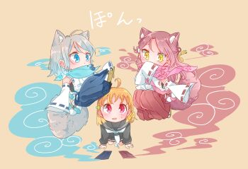 3girls :o ahoge all_fours animal_ears bandana bandana_over_mouth black_serafuku blue_bandana blue_eyes blue_hakama blue_neckerchief blush braid chibi clothing_cutout covering_own_mouth detached_sleeves fox_ears fox_tail grey_hair hair_ornament hairclip hakama hakama_skirt half_updo highres hip_vent japanese_clothes kashikaze kitsune long_hair long_sleeves love_live! love_live!_sunshine!! multiple_girls neckerchief ofuda onmyouji orange_hair pink_bandana pink_neckerchief red_eyes red_hair red_hakama ribbon-trimmed_sleeves ribbon_trim sakurauchi_riko sandals scarf school_uniform serafuku short_hair side_braid simple_background skirt sleeves_past_wrists smoke summoning sweatdrop tail takami_chika tan_background tareme tassel tsurime watanabe_you white_neckerchief yellow_eyes
