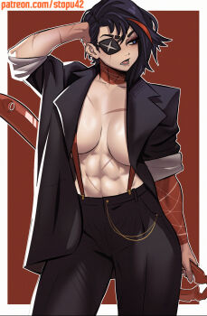 1girl abs black_hair black_jacket black_pants blue_eyes border breasts breasts_apart collarbone commentary cowboy_shot english_commentary eyelashes eyepatch hair_between_eyes hand_in_own_hair highres holding holding_sword holding_weapon jacket kill_la_kill large_breasts looking_at_viewer looking_to_the_side matoi_ryuuko nose open_clothes open_jacket open_mouth outline outside_border pants patreon_username red_streaks red_suspenders scar scar_across_eye scar_across_eyebrow scar_on_arm scar_on_chest scar_on_face scar_on_neck scar_on_stomach scissor_blade_(kill_la_kill) short_hair sleeves_rolled_up solo stomach stopu sword teeth tongue weapon white_border white_outline
