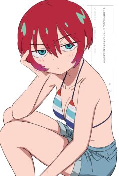 1girl amate_yuzuriha bikini breasts cleavage green_eyes gundam gundam_gquuuuuux highres medium_breasts odaibako osame red_hair short_hair shorts simple_background sweat swimsuit white_background