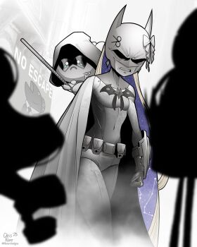 1girl amanogawa_shiina batman batman:_arkham_city batman_(cosplay) batman_(series) belt blonde_hair bow breasts cape clenched_hand clenched_teeth colored_inner_hair commentary cosplay covered_navel dc_comics english_commentary fake_horns greyscale h2osakana helmet highres horned_helmet horns kluverdesigns long_hair monochrome multicolored_hair parody partially_colored phase_connect poster_(object) red_hood_(dc) red_hood_(dc)_(cosplay) sad_bee_(amanogawa_shiina) signature small_breasts superhero_costume teeth twitter_username utility_belt very_long_hair virtual_youtuber