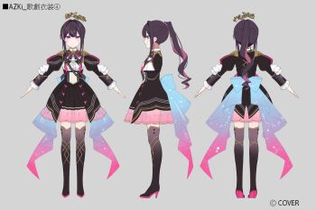 1girl a-pose azki_(departure)_(hololive) azki_(hololive) back_bow bilingual_commentary black_boots black_bow black_bowtie black_corset black_dress boots bow bowtie brown_hair center_frills closed_mouth colored_inner_hair colored_shoe_soles company_name copyright_notice corset crown double-parted_bangs dress feather-trimmed_cape floating_crown frilled_shirt_collar frills full_body gold_trim grey_background hair_between_eyes hair_intakes high_heel_boots high_heels high_ponytail holding hololive jacket juliet_sleeves layered_skirt long_hair long_sleeves looking_at_viewer miniskirt mixed-language_commentary mole mole_under_eye multicolored_hair multiple_views muto_(n0sug4r) official_alternate_costume official_alternate_hairstyle official_art pink_hair pleated_skirt ponytail puffy_sleeves purple_eyes reference_sheet second-party_source shirt sidelocks simple_background skirt straight-on streaked_hair thigh_boots translation_request turnaround virtual_youtuber white_streaks