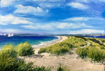 beach blue_sky boat bush cloud cloudy_sky commentary day english_commentary highres kate_avery no_humans ocean oil_painting_(medium) original outdoors painting_(medium) real_world_location sailboat scenery shore sky traditional_media watercraft