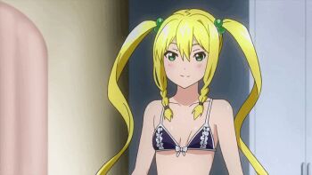 1girl animated animated_gif armpits ass ass_focus back bare_back blonde_hair blue_bra blue_panties blue_thong blush bra butt_crack closed_eyes clothes_pull flat_chest gluteal_fold green_eyes groin himegami_kodama huge_ass indoors knees legs long_hair maken-ki! maken-ki!_two panties panty_pull smile spine table takami_akio thong twintails underwear