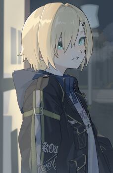 1boy arm_belt arms_at_sides belt black_jacket blonde_hair blue_hood clothes_writing convenience_store drawstring from_side green_eyes hair_intakes hair_ornament hair_over_one_eye hairclip hashtag-only_commentary highres hood hood_down hoodie jacket lapels looking_at_viewer loose_belt male_focus night nijisanji no_headwear notched_lapels open_clothes open_jacket outdoors parted_lips pocket print_hoodie shop short_hair sidelighting solo standing upper_body uzuki_kou uzuki_kou_(5th_costume) virtual_youtuber white_hoodie wolf_cut yashitani yellow_belt yellow_trim