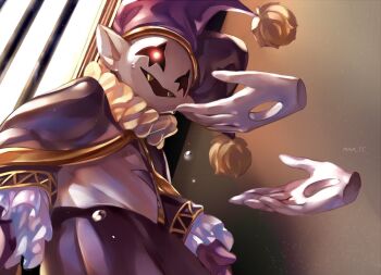 1other artist_name cage cape colored_skin deltarune fangs gloves glowing glowing_eye hat jester_cap jevil maa_tc open_mouth pointy_ears red_eyes stigmata sweatdrop utdr_(toby_fox) w.d._gaster white_gloves white_skin