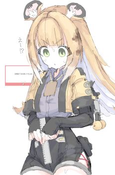 1girl absurdres animal_ear_fluff animal_ears black_shorts blonde_hair colored_inner_hair cowboy_shot green_eyes grey_shirt hair_intakes high-waist_shorts highres holding holding_ruler jacket ju_fufu long_hair mocamocaink multicolored_hair open_mouth ruler shirt shorts simple_background solo striped_fur striped_hair sweat tiger_ears tiger_girl tiger_stripes v-shaped_eyebrows white_background yellow_jacket zenless_zone_zero