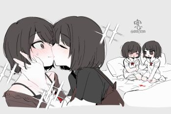 2girls amakura_mayu amakura_mio an_sin black_shirt blood blood_stain blush brown_eyes brown_hair brown_shirt commentary_request dress fatal_frame fatal_frame_ii:_crimson_butterfly incest kiss korean_commentary multiple_girls off-shoulder_shirt off_shoulder shirt short_hair siblings sisters sparkle sweatdrop twincest twins white_dress yuri