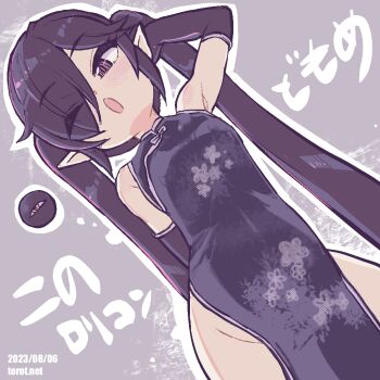 1girl adjusting_hair arm_up armpits backbeako_(torotei) backbeard black_dress black_hair blush breasts china_dress chinese_clothes commentary_request dated dated_commentary dress dutch_angle elbow_gloves eyes_visible_through_hair female_focus gegege_no_kitarou gloves grey_background hair_over_one_eye kono_lolicon_domome loli long_hair looking_at_viewer no_panties one_eye_closed open_mouth original paid_reward_available pointy_ears red_eyes simple_background sleeveless sleeveless_dress small_breasts solo torotei translated twintails watermark web_address