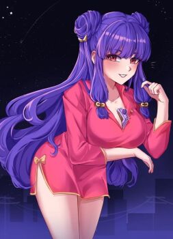 1girl china_dress chinese_clothes double_bun dress hair_bun long_hair looking_at_viewer purple_hair ranma_1/2 red_dress shampoo_(ranma_1/2) sidelocks smile solo