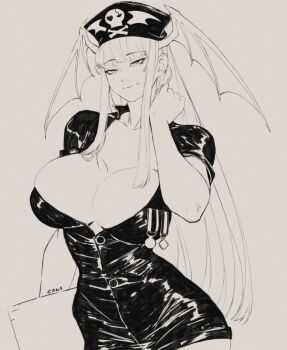1girl affectionate artist_name bat_wings black_dress breasts bursting_breasts capcom carrying cleavage clipboard collar collarbone cowboy_shot crossbones darkstalkers dress eyebrows_hidden_by_hair eyepatch gabriel_carrasquillo greyscale halloween halloween_costume hand_on_neck hat head_wings holding holding_clipboard huge_breasts inktober jolly_roger leather long_hair looking_at_viewer medal medallion monochrome morrigan_aensland no_background nurse nurse_cap nurse_outfit shiny_clothes signature simple_background sketch skin_tight skull smile solo taut_clothes tight_clothes tight_dress unzipped very_long_hair wide_hips wings zipper
