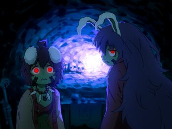 2girls blue_background cave_interior cavewoman commentary dark facial_tattoo frown glowing glowing_eyes gradient_background inaba_tewi jewelry jitome long_hair long_sleeves looking_at_viewer multiple_girls necklace open_mouth purple_background rabbit_girl rabbit_tattoo red_eyes reisen_udongein_inaba sanpaku sharp_teeth shirosato shirt short_hair sidelighting skull tattoo teeth touhou untranslatable_commentary upper_body wide-eyed