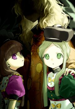 Rule 34 | 3girls, absurdres, apron, black hat, blonde hair, brown hair, commentary request, constellation print, darkness, dress, green dress, green eyes, green hair, hand on another's shoulder, hat, highres, kaigen 1025, long hair, looking at viewer, matara okina, multiple girls, nishida satono, orange tabard, pink dress, puffy short sleeves, puffy sleeves, purple eyes, short hair with long locks, short sleeves, sun print, tabard, tate eboshi, teireida mai, touhou, waist apron