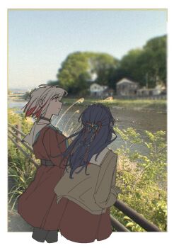 Rule 34 | 2girls, aqua neckerchief, black pantyhose, blue ribbon, brown cardigan, brown dress, cardigan, colored inner hair, dress, grey hair, hair ornament, hair ribbon, half updo, hasu no sora school uniform, highres, ishikawa prefecture, kanazawa (city), link! like! love live!, long sleeves, love live!, multicolored hair, multiple girls, murano sayaka, neckerchief, outdoors, pantyhose, photo background, pink eyes, profile, railing, red hair, red neckerchief, red ribbon, ribbon, sailor collar, sailor dress, school uniform, star (symbol), star hair ornament, streaked hair, virtual youtuber, white sailor collar, winter uniform, yugiri tsuzuri, zouzh rn