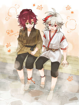 2boys ahoge anklet commentary_request genshin_impact green_eyes highres in_water jewelry kaedehara_kazuha looking_at_another male_focus marobi_heart multiple_boys no_shoes no_socks open_mouth red_eyes red_hair shikanoin_heizou sitting water