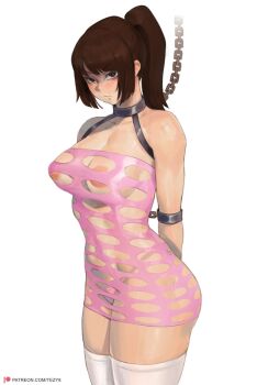 1girl areola_slip arms_behind_back bodycon bound brown_eyes brown_hair chain chain_around_neck cowboy_shot from_side looking_at_viewer panties pink_panties ponytail standing tezy8art thighhighs underwear white_thighhighs