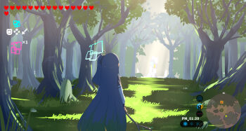 1girl aqua_halo aris_(blue_archive) black_hair blue_archive commentary from_behind halo highres holding miaki_(mi_autumn39) nintendo one_side_up outdoors parody railgun rectangular_halo solo the_legend_of_zelda the_legend_of_zelda:_breath_of_the_wild tree twig user_interface