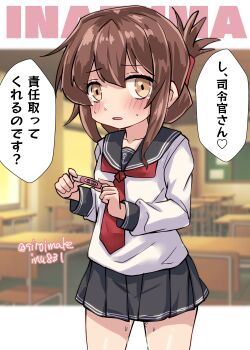 1girl absurdres black_sailor_collar black_skirt brown_eyes brown_hair classroom commentary_request folded_ponytail highres holding holding_pregnancy_test inazuma_(kancolle) kantai_collection kitahama_(siroimakeinu831) long_hair neckerchief one-hour_drawing_challenge pleated_skirt pregnancy_test red_neckerchief sailor_collar sailor_shirt school_uniform serafuku shirt skirt solo translation_request twitter_username white_shirt