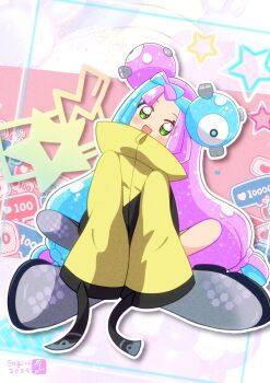 1girl :d artist_logo artist_name asukamama89 asymmetrical_legwear black_jacket blue_hair blush boots bow-shaped_hair character_hair_ornament commentary cosplay dot_nose full_body gen_1_pokemon green_eyes grey_boots grey_pantyhose hair_ornament head_tilt heart highres indian_style iono_(pokemon) iono_(pokemon)_(cosplay) jacket logo long_hair long_sleeves low-tied_long_hair magnemite monster_girl multicolored_hair multicolored_jacket nintendo open_mouth oversized_jacket pantyhose patterned_background pink_hair pokemon pokemon_(creature) pokemon_sv puniru_(puniru_wa_kawaii_slime) puniru_wa_kawaii_slime single_bare_leg single_leg_pantyhose sitting sleeves_past_fingers sleeves_past_wrists slime_girl slime_hair smile solo star_(symbol) star_symbol_background two-tone_hair two-tone_jacket very_long_hair yellow_jacket