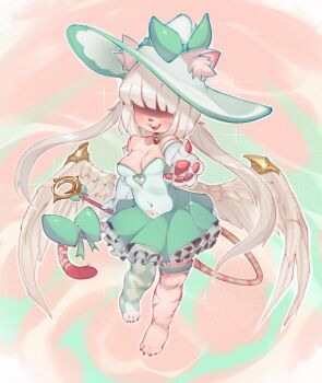 1girl :d absurdres animal_ear_fluff animal_ears animal_feet animal_hands animal_nose bare_shoulders barefoot blush borrowed_character bow breasts cleavage clothing_cutout commentary commission covered_navel dress elbow_gloves facing_viewer feathered_wings frilled_dress frills full_body furry furry_female gloves green_bow green_dress green_hat hair_over_eyes hat hat_bow heart_cutout highres holding holding_staff layered_dress legs_apart long_hair magical_girl medium_breasts onimiere open_mouth original outstretched_arm short_dress sleeveless sleeveless_dress smile solo sparkle staff standing strapless strapless_dress tail tail_bow tail_ornament thigh_strap very_long_hair white_gloves white_hair wings witch_hat