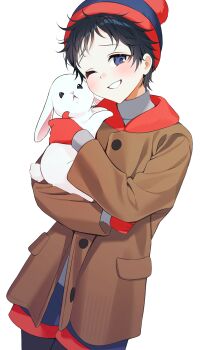 Rule 34 | 1boy, animal, animification, balcony, beanie, black leggings, blue eyes, blue shorts, brown coat, coat, commentary request, commission, gloves, goneuk (lonely w01f), hat, head tilt, highres, holding, holding animal, holding rabbit, korean commentary, leggings, male focus, messy, one eye closed, rabbit, red gloves, shorts, solo, south park, stan marsh