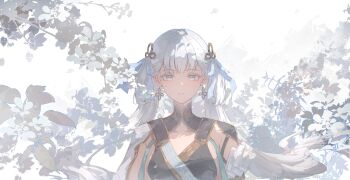 1girl absurdres bow breasts closed_mouth colored_eyelashes commentary_request earrings hair_bow hair_rings highres jewelry jinhsi_(wuthering_waves) long_hair medium_breasts partial_commentary qiuqiuku smile solo straight-on twintails upper_body white_bow white_eyelashes white_eyes white_hair wuthering_waves