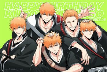 Rule 34 | 2023, 5boys, age progression, arm on another's shoulder, armor, artist name, asure (asure twi), black kimono, bleach, bleach: epilogue, bleach: sennen kessen-hen, brown eyes, closed eyes, commentary request, crossed arms, dated, english text, hand on another's head, happy birthday, highres, japanese clothes, kimono, kurosaki ichigo, multiple boys, obi, orange hair, sash, shihakusho, shoulder armor, smile, spiked hair, white sash, wide sleeves