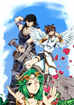Rule 34 | 1girl, 2boys, angel, angel wings, arm behind head, beard, bike shorts, black hair, brown hair, facial hair, green eyes, green hair, haniwa (hnw), heart, kid icarus, kid icarus uprising, laurel crown, looking at viewer, magnus (kid icarus), magnus club (kid icarus), multiple boys, nintendo, one eye closed, palutena, pit (kid icarus), wings