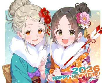 2026 2girls :d aqua_kimono arrow_(projectile) back_bow blush border bow brown_hair colored_eyelashes commentary_request earrings floral_print floral_print_kimono flower fur-trimmed_kimono fur_trim gakuen_idolmaster green_eyes hair_bun hair_flower hair_ornament hairclip hamaya happy_new_year highres holding holding_arrow idolmaster ima_(lm_ew) japanese_clothes jewelry kanzashi kimono kuramoto_china long_sleeves looking_at_viewer multiple_girls new_year obi obiage obijime open_mouth orange_eyes orange_kimono outside_border parallel_hairclips parted_bangs print_kimono purple_bow sash seigaiha shinosawa_hiro short_hair signature single_hair_bun smile stud_earrings swept_bangs tsumami_kanzashi upper_body v white_border wide_sleeves