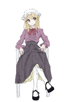 1girl black_shoes black_skirt blonde_hair bow bowtie buttons chair closed_mouth collar crossed_legs frills hat highres kashiwada_kiiho long_sleeves maribel_hearn medium_hair mob_cap purple_eyes purple_shirt red_bow red_bowtie shirt shoes sitting skirt socks solo touhou white_collar white_hat white_socks
