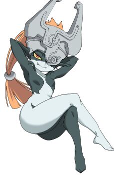 1girl breasts colored_sclera colored_skin crossed_legs fang helmet highres imp long_hair midna multicolored_skin nasu_(ilo_a5) nintendo one_eye_covered orange_hair pointy_ears red_eyes shortstack smile solo the_legend_of_zelda the_legend_of_zelda:_twilight_princess thick_thighs thighs two-tone_skin yellow_sclera