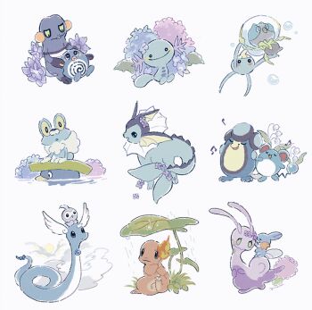 :d black_eyes blush blush_stickers bubble castform castform_(normal) charmander closed_eyes closed_mouth croagunk dewpider dragonair fire flame-tipped_tail flower froakie gen_1_pokemon gen_2_pokemon gen_3_pokemon gen_4_pokemon gen_5_pokemon gen_6_pokemon gen_7_pokemon green_eyes holding holding_pokemon leaf looking_at_viewer lotad marill mudkip music musical_note nintendo on_head open_mouth palpitoad pokemon pokemon_(creature) pokemon_on_head poliwag purple_flower riding riding_pokemon singing sliggoo smile surskit tail vaporeon water wooper yurano_(upao) |d