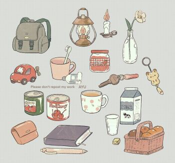 artist_name ayu_(mog) backpack bag basket book bread can candle canned_food commentary commentary_request cup drink_carton drinking_glass english_commentary flower food grey_background jam jar lantern milk_carton mixed-language_commentary no_humans object_focus original pen romaji_commentary simple_background toothbrush toothpaste toy_car tube vase watermark yellow_flower