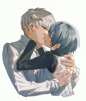 Rule 34 | 2boys, ascot, black shirt, blue hair, blush, closed eyes, collared shirt, commentary request, cropped torso, crying, crying with eyes open, dark-skinned male, dark skin, eyelashes, fingernails, frilled sleeves, frills, grey eyes, grey hair, hands on another's back, hands on another's face, horns, ki kuru kuru, kiss, long sleeves, male focus, metaphor: refantazio, multiple boys, parted bangs, parted lips, pinstripe pattern, popped collar, protagonist (metaphor: refantazio), shirt, short hair, simple background, streaming tears, strohl (metaphor: refantazio), tears, vest, white ascot, white background, white shirt, white vest, yaoi