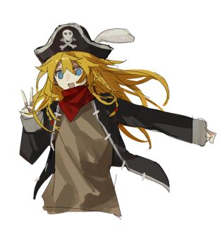 Rule 34 | 1boy, :d, anonymous1203, black hat, black jacket, blonde hair, blue eyes, braid, brown shirt, epic battle fantasy, hat, highres, jacket, long hair, male focus, matt (epic battle fantasy), neckerchief, open mouth, pirate hat, red neckerchief, shirt, side braids, sidelocks, simple background, sketch, smile, upper body, v, white background