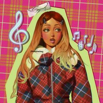 1girl arms_at_sides artist_name beamed_eighth_notes black_jacket blonde_hair brown_eyes brown_hair chromatic_aberration commentary dark-skinned_female dark_skin drop_shadow duct_tape eyelashes facing_viewer gradient_hair green_outline hair_ornament hairclip hashtag highres jacket lips looking_to_the_side multicolored_hair multicolored_jacket musical_note musical_note_background open_mouth outline parted_hair phoneafrog pink_background pinkpantheress plaid_background plaid_clothes plaid_jacket quarter_note real_life red_jacket screentones sixty-fourth_note straight-on straight_hair symbol-only_commentary teeth treble_clef two-tone_background two-tone_hair two-tone_jacket upper_body upper_teeth_only winter_clothes yellow_background zipper