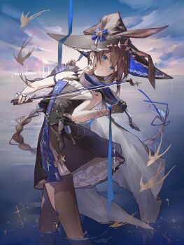 Rule 34 | 1girl, ambience synesthesia, amiya (arknights), amiya (medic) (arknights), amiya (medic) (solo around the world) (arknights), animal ears, arknights, bare shoulders, black dress, black gloves, black hat, black pantyhose, blue bow, blue eyes, blush, bow, bow (music), braid, brown hair, closed mouth, commentary request, dress, ears through headwear, extra ears, frilled dress, frills, gloves, hair between eyes, hat, holding, holding bow (music), jewelry, long hair, looking at viewer, midoo, official alternate costume, pantyhose, partially submerged, rabbit ears, solo, witch hat