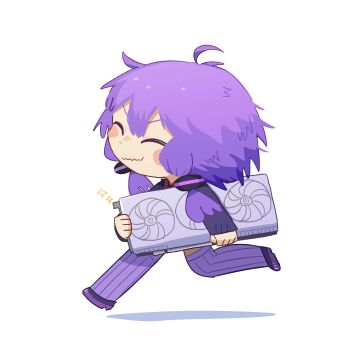 1girl black_shirt blush_stickers chibi chibi_only closed_eyes closed_mouth commentary_request full_body graphics_card highres holding konohoshi long_sleeves purple_hair purple_shoes purple_thighhighs running shirt shoes short_hair_with_long_locks simple_background smile solo sparkle striped_clothes striped_thighhighs thighhighs v-shaped_eyebrows vocaloid voiceroid white_background yuzuki_yukari