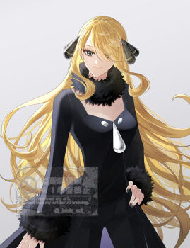 1girl black_coat black_pants blonde_hair breasts closed_mouth coat cynthia_(pokemon) fur-trimmed_coat fur-trimmed_sleeves fur_collar fur_trim grey_eyes hair_ornament hair_over_one_eye long_hair long_sleeves looking_at_viewer nintendo pants pokemon pokemon_dppt sakaralalala simple_background smile solo very_long_hair