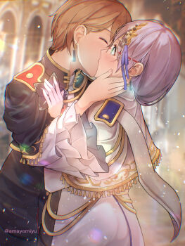 2girls ^_^ amayomiyu black_jacket blonde_hair blurry blurry_background blush closed_eyes commentary_request cowboy_shot dress earrings frilled_sleeves frills from_side glasses green_eyes grey_hair hair_ornament hair_over_shoulder hand_on_another's_chest hand_on_another's_neck heaven_burns_red indoors izumi_yuki_(heaven_burns_red) jacket jewelry kayamori_ruka kiss light_particles long_hair long_sleeves looking_at_another low-tied_long_hair multiple_girls neck_grab profile round_eyewear short_hair twitter_username white_dress wide_sleeves yuri