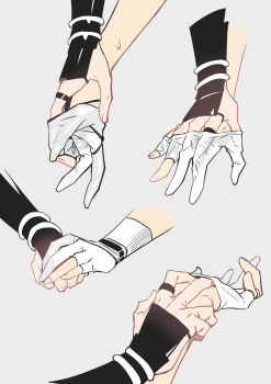 Rule 34 | 2boys, 676643396dolce, absurdres, arknights, arm guards, chinese commentary, clenched hand, commentary request, gloves, grey background, hand focus, hand in another's glove, highres, holding hands, male focus, multiple boys, partially fingerless gloves, removing glove, simple background, sweat, wan qing (arknights), white gloves, yaoi, zuo le (arknights)