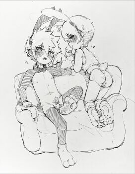 2boys absurdres animal_ears animal_hands blush commentary english_commentary fake_animal_ears gloves graphite_(medium) greyscale highres male_focus male_playboy_bunny monochrome multiple_boys open_mouth original paw_gloves paw_shoes penis rabbit_ears rabbit_tail renocoffee reverse_bunnysuit reverse_outfit short_hair shota tail traditional_media