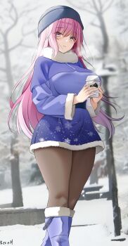 Rule 34 | 1girl, beanie, black hat, black pantyhose, blurry, blurry background, blush, boots, breasts, capelet, closed mouth, commentary, commission, cup, disposable coffee cup, disposable cup, english commentary, fur-trimmed skirt, fur-trimmed sleeves, fur collar, fur trim, gradient hair, hair between eyes, hat, highres, holding, holding cup, keenh, large breasts, long hair, long sleeves, looking at viewer, multicolored hair, original, outdoors, pantyhose, pink hair, print skirt, purple boots, purple capelet, purple eyes, purple hair, purple shirt, purple skirt, shirt, sidelocks, skirt, smile, snow, snowflake print, solo, standing, steam, tree, two-tone hair, winter