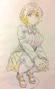 Rule 34 | 1girl, black jacket, blush, bow, bowtie, braid, breasts, brown hair, collared shirt, commentary request, hair between eyes, hair ornament, highres, jacket, koiwai yoshino, large breasts, loafers, long sleeves, looking at viewer, masamune-kun no revenge, pink shirt, pleated skirt, ribbed shirt, sharekoube, shirt, shoes, short hair, skirt, solo, squatting, thighhighs, traditional media, yellow eyes