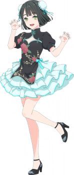 1girl :d black_hair black_shirt black_shoes blue_bow blue_skirt blunt_bangs blunt_ends bob_cut bow bun_cover chinese_clothes claw_pose cleavage_cutout clothing_cutout double_bun flower_knot frilled_skirt frills full_body game_cg green_eyes hair_bun hasu_no_sora_pop_up_shop_china_collection high_heels leg_up link!_like!_love_live! looking_at_viewer love_live! mary_janes miniskirt momose_ginko non-web_source official_alternate_costume official_art open_mouth puffy_short_sleeves puffy_sleeves shirt shoes short_hair short_sleeves simple_background skirt smile solo standing standing_on_one_leg transparent_background virtual_youtuber