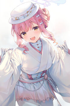 1girl blue_archive blush breasts commentary_request crescent crescent_hat_ornament drill_hair gloves grey_background halo hat hat_ornament highres japanese_clothes kimono long_sleeves medium_breasts mika_(blue_archive) mika_(new_year)_(blue_archive) obi open_mouth pink_halo purple_eyes sash shiidap simple_background sleeves_past_wrists smile solo twin_drills white_gloves white_hat white_kimono wide_sleeves