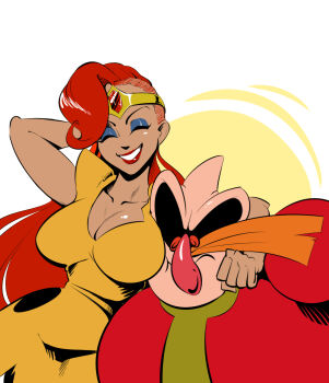 1boy 1girl adventures_of_sonic_the_hedgehog bald black_sclera breast_smother breasts cleavage colored_sclera constricted_pupils couple dark_skin dr._robotnik eric_toner eyeshadow face_to_breasts facial_hair forehead_jewel grin height_difference hetero highres katella_the_huntress large_breasts lipstick long_hair makeup mustache pingas red_eyes red_hair red_nose shiny_skin smile sonic_(series) tiara wide_hips